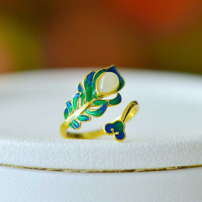 S925 Silver Inlaid Nephrite "Golden Branch Jade Leaf" Enamel Ring