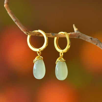 925 Silver Inlaid Qinghai White Nephrite "Golden Breeze & Jade Dew" Teardrop Stud Earrings