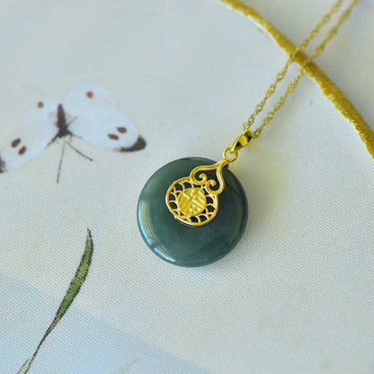 925 Silver Inlaid Hetian Nephrite "Peace Buckle & Gourd" Pendant