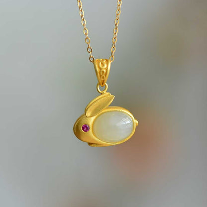 Ancient-Style Silver & Hetian Nephrite Little Rabbit Set with Thick Matte Gold Finish