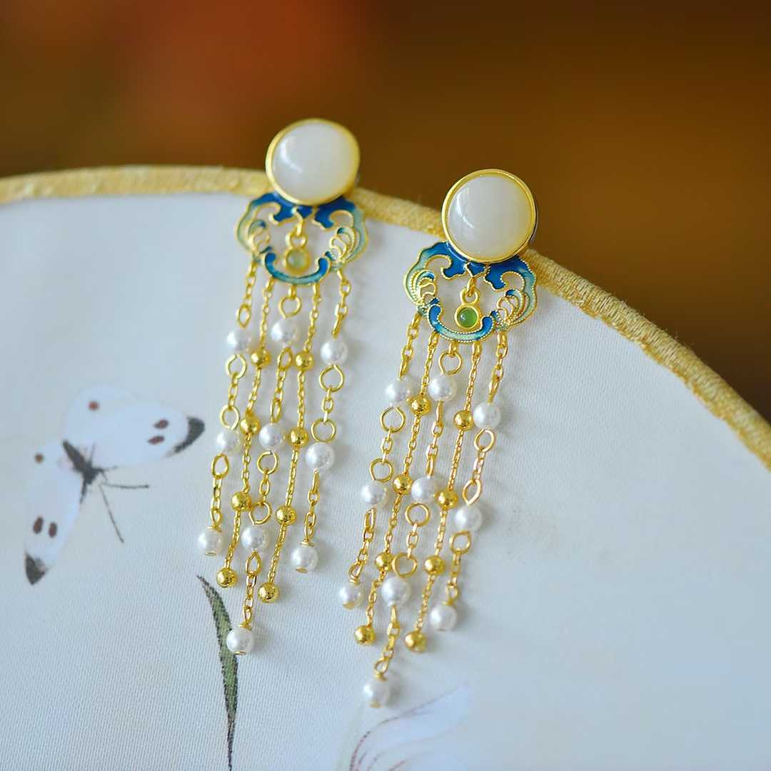 925 Silver Inlaid Hetian Nephrite "Auspicious Clouds Shining" Tassel Earrings