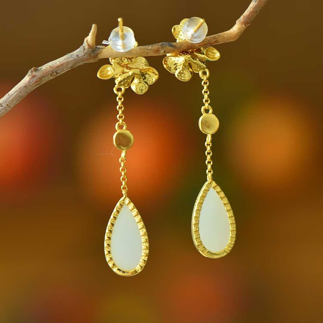 925 Silver Inlaid Nephrite "Blossoming Peach Flowers" Stud Earrings