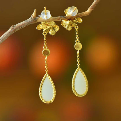 925 Silver Inlaid Nephrite "Blossoming Peach Flowers" Stud Earrings