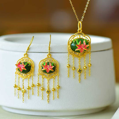 925 Silver Inlaid Hetian Green Nephrite "Orchid Heart & Iris Quality" Jewelry Set