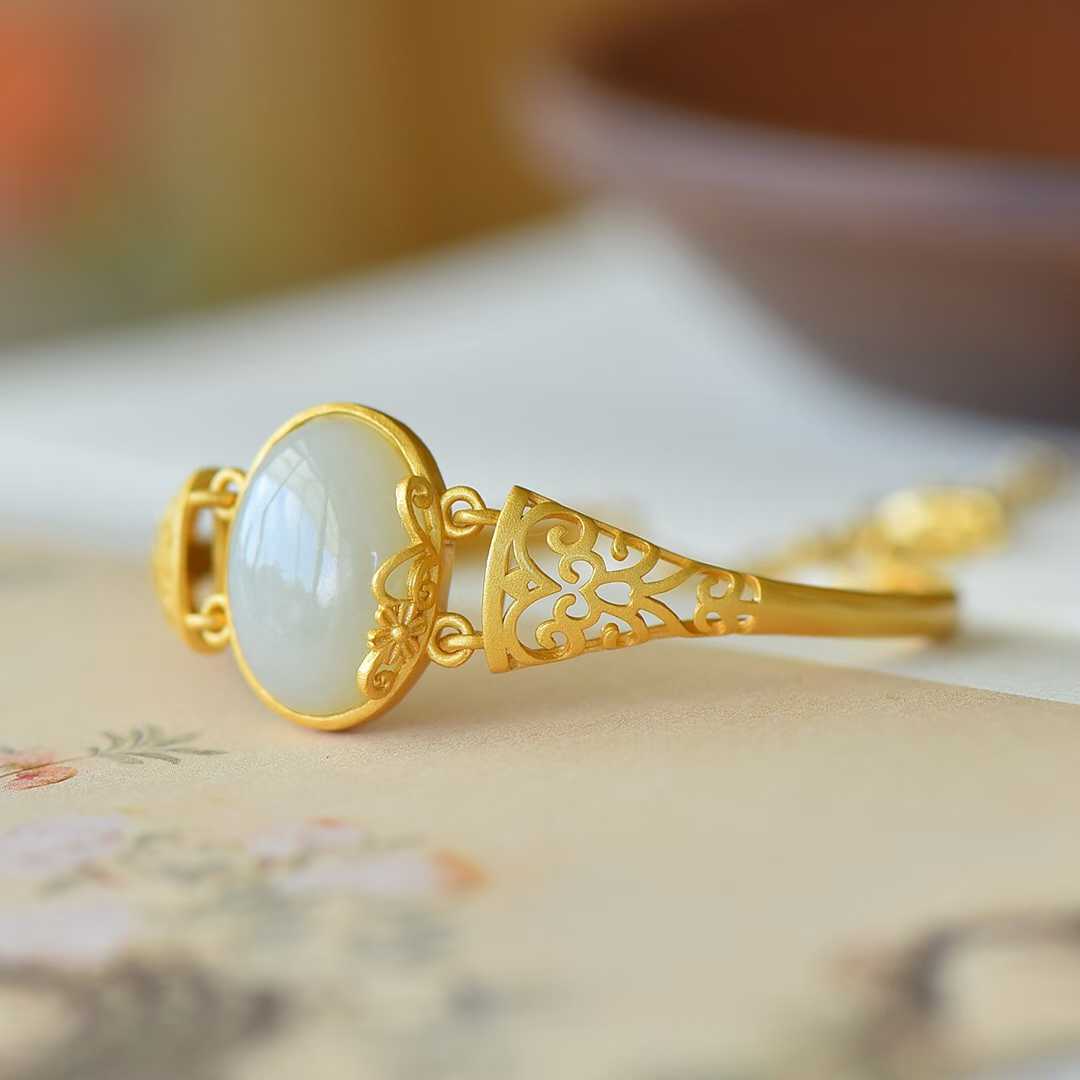 925 Silver Inlaid Hetian Nephrite "Hollowed-Out" Bracelet