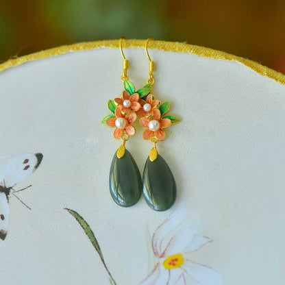 925 Silver Inlaid Hetian Nephrite Plum Blossom Earrings