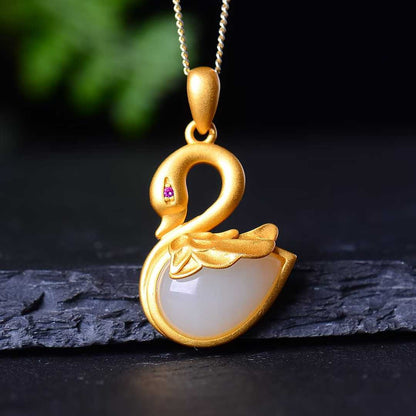 925 Silver Inlaid Nephrite Swan Jewelry Set