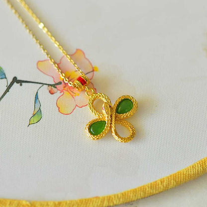 925 Silver Inlaid Hetian Green Nephrite "Lucky Snake Presenting Blessings" Four-Leaf Clover Pendant
