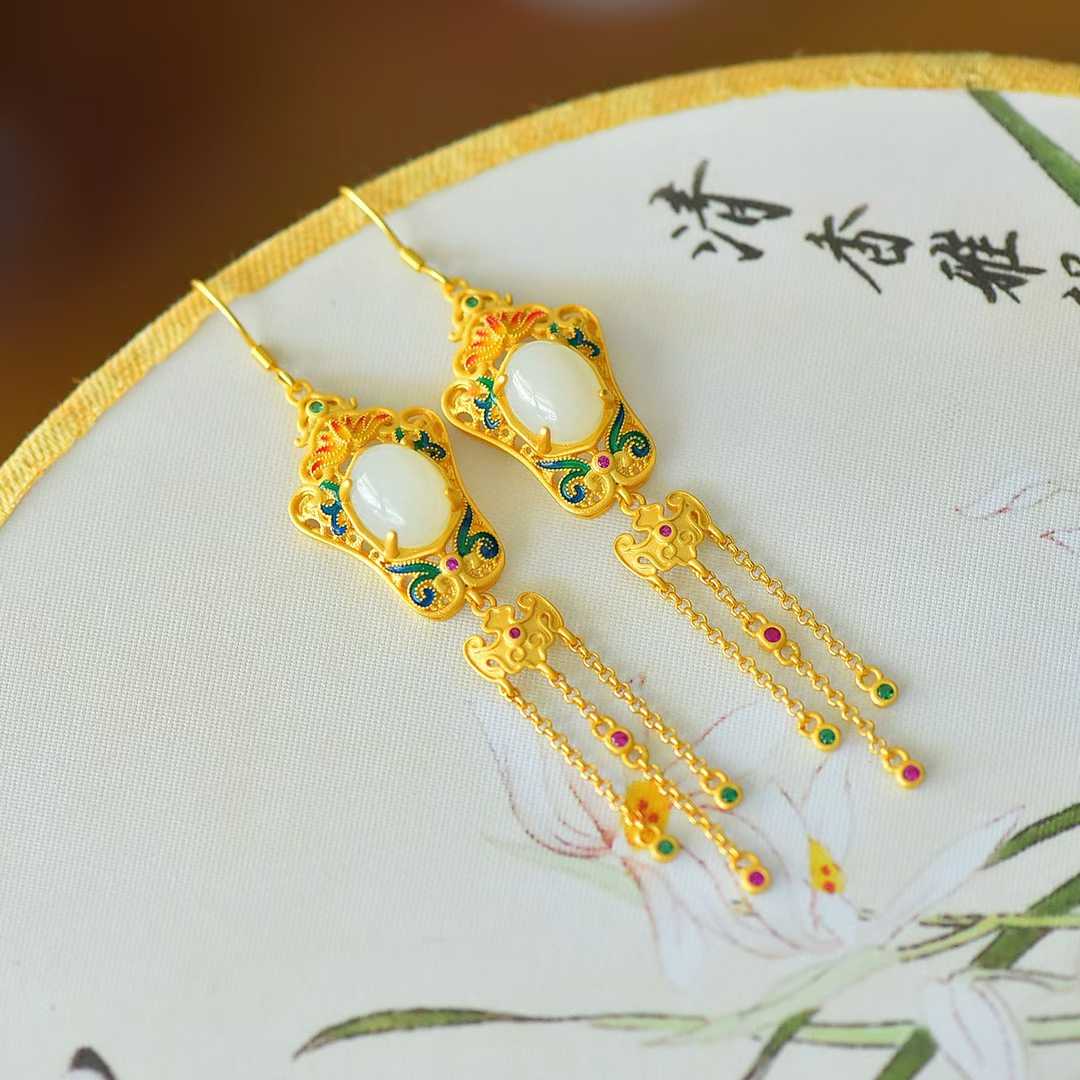 925 Silver Inlaid Hetian Nephrite "Lotus, Blessing, Longevity & Ruyi" Enamel Tassel Earrings