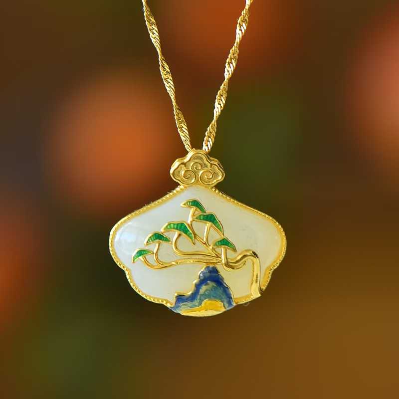 925 Silver Inlaid Hetian Nephrite "Wanli Rivers & Mountains" Ruyi Lock Pendant