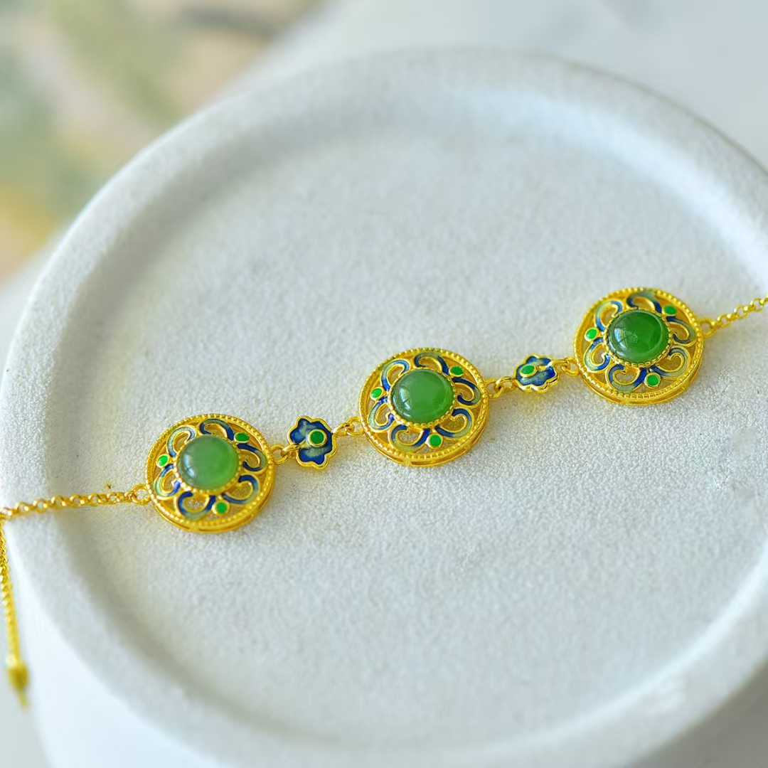 925 Silver Inlaid Hetian Nephrite Round Cabochon Ruyi Bracelet