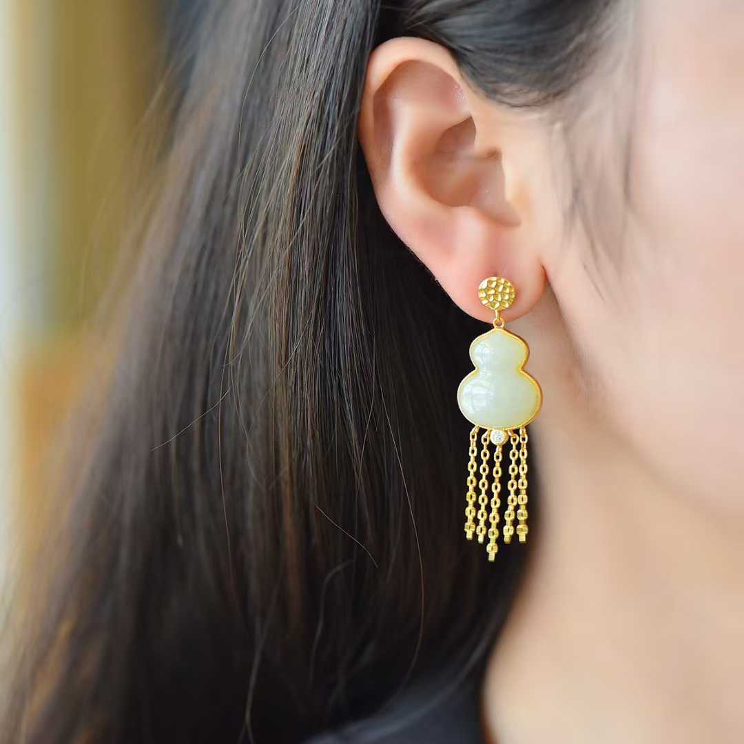 925 Silver Inlaid Hetian Nephrite "Gourd & Tassel" Earrings