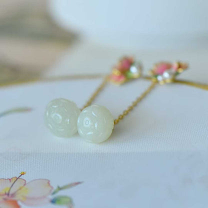 925 Silver Inlaid Hetian Nephrite "Lotus Bead & Lotus Earring" Set