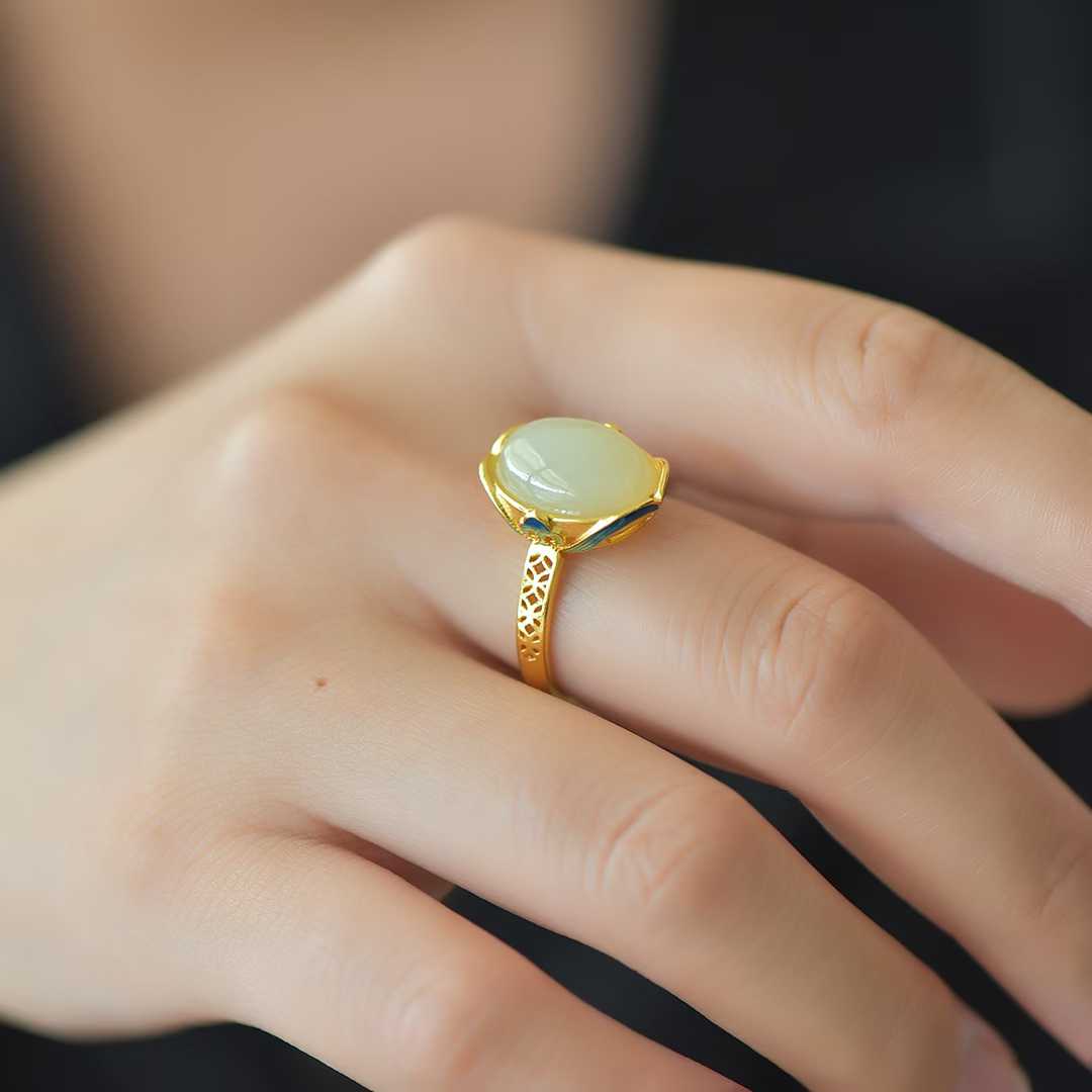 S925 Silver Inlaid Nephrite "Zhao Cai Jin Bao An Kang" Ring
