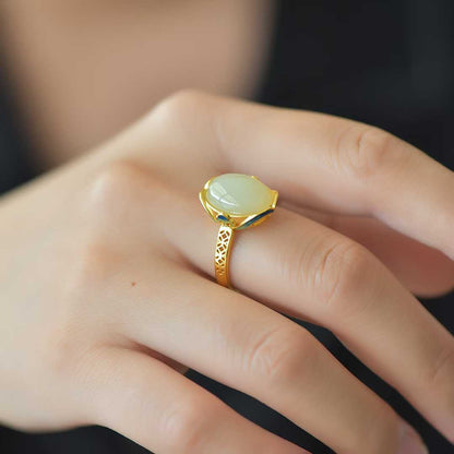 S925 Silver Inlaid Nephrite "Zhao Cai Jin Bao An Kang" Ring