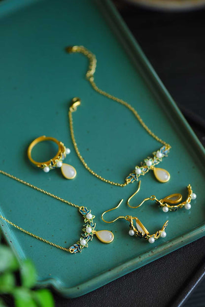 925 Silver Inlaid Nephrite Jewelry Set with Thick Matte Gold