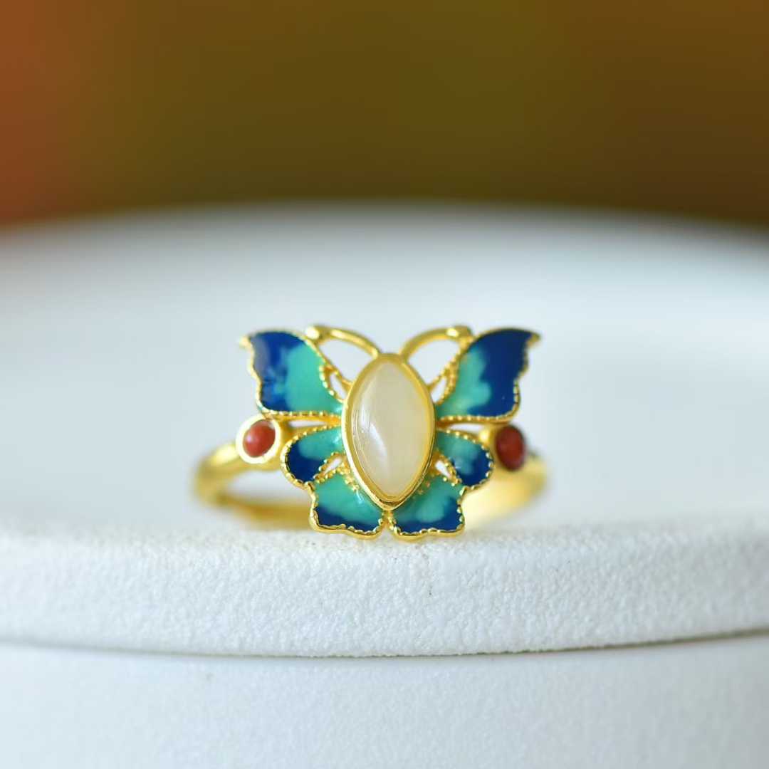 Vintage-Style Silver Inlaid Hetian Nephrite "Butterfly Dancing Gracefully" Jewelry Set