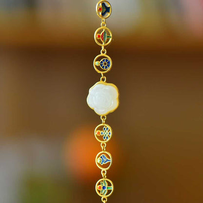 925 Silver Inlaid Enamel & Hetian Nephrite "Blooming Roses & Eight Treasures" Bracelet