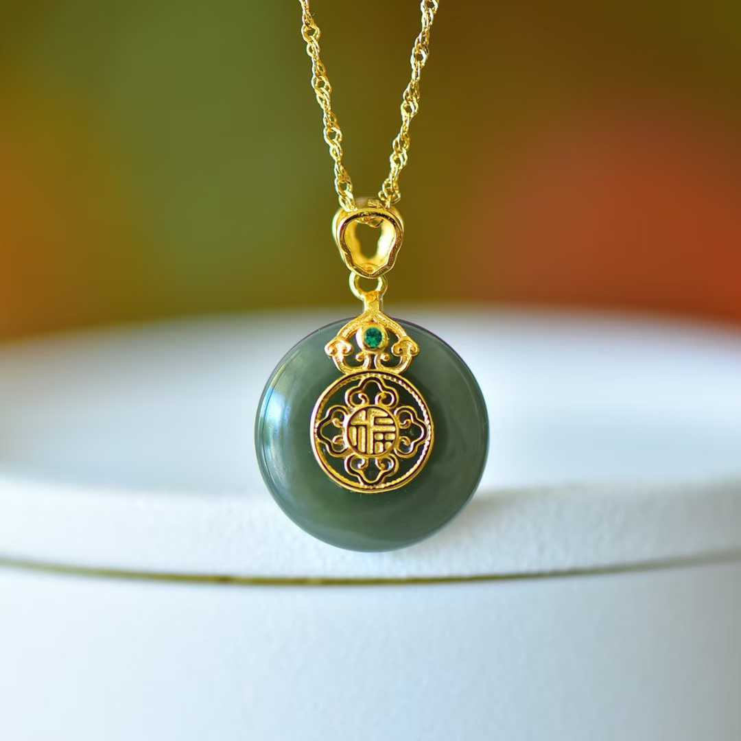 925 Silver Inlaid Hetian Nephrite "Peace Buckle & Lily" Pendant