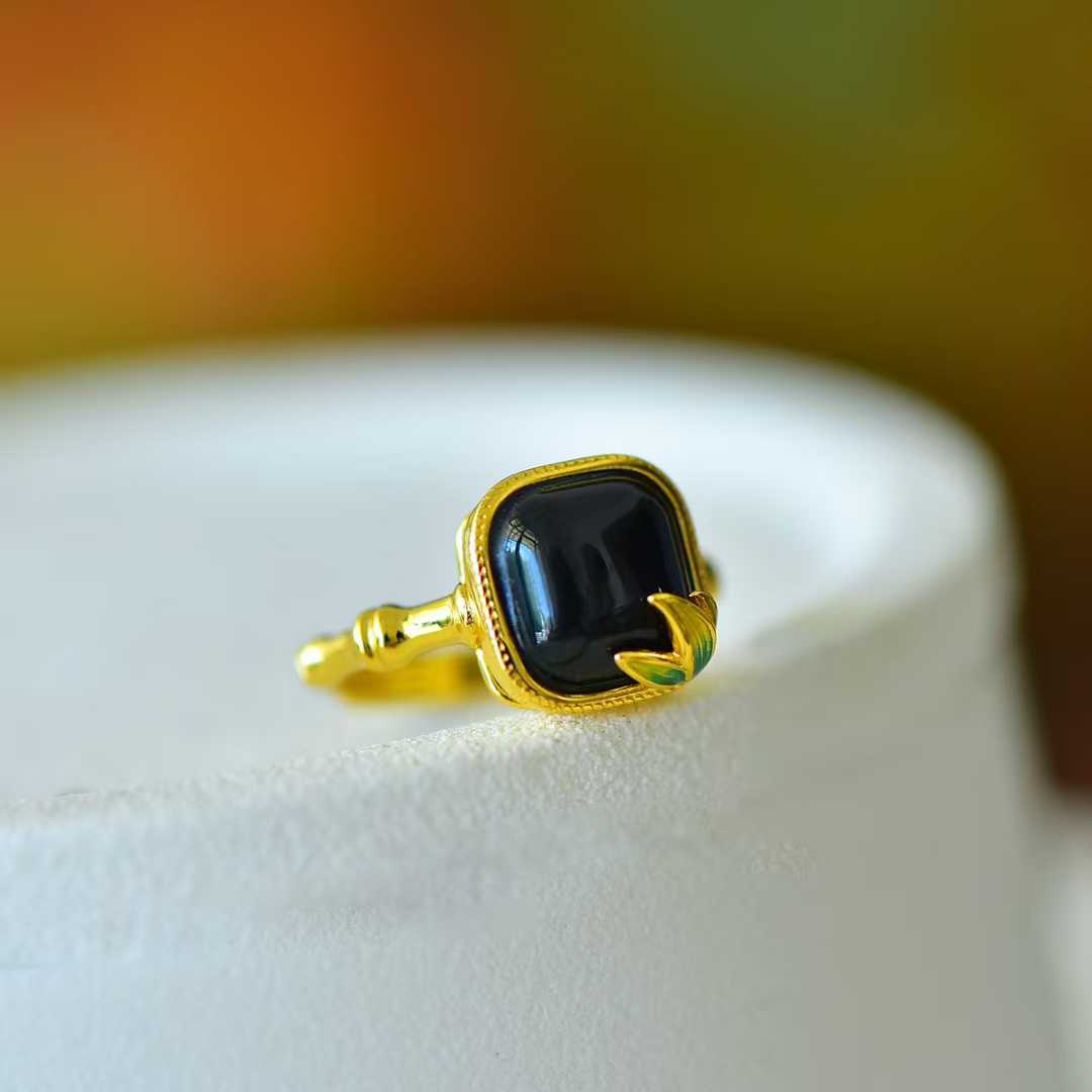 S925 Silver & Hetian Black Nephrite "Small Square Sugar" with Bamboo Joint Ring