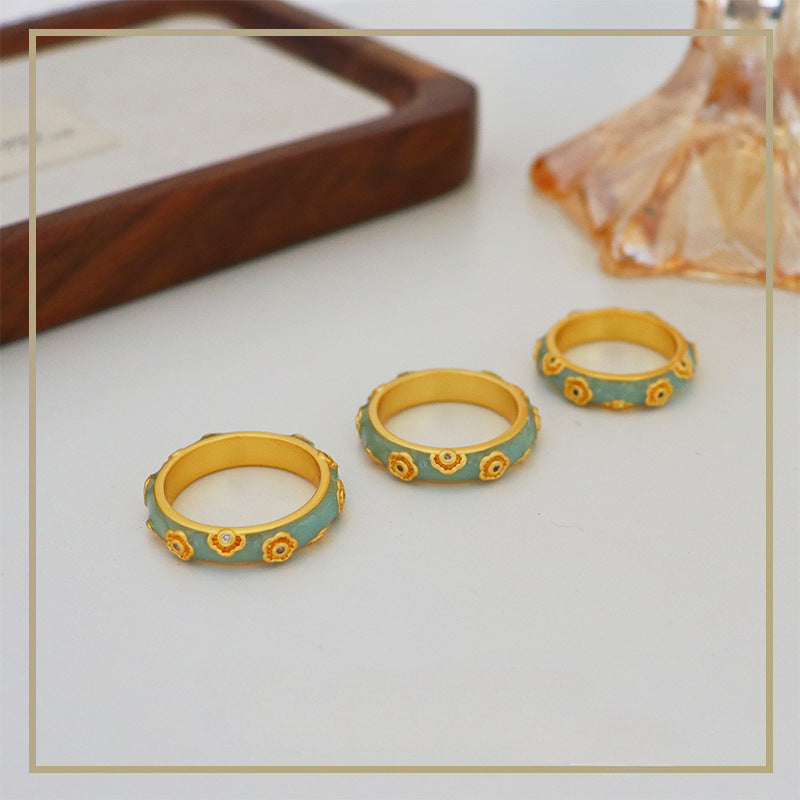 Chinese ancient style micro-inlaid zircon colored oil-drip enamel ring