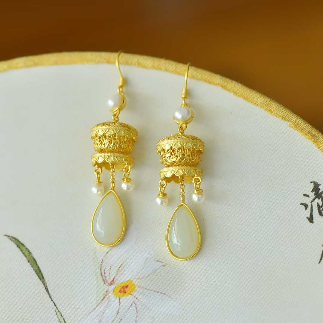 925 Silver Inlaid Nephrite Filigree Hollow Earrings