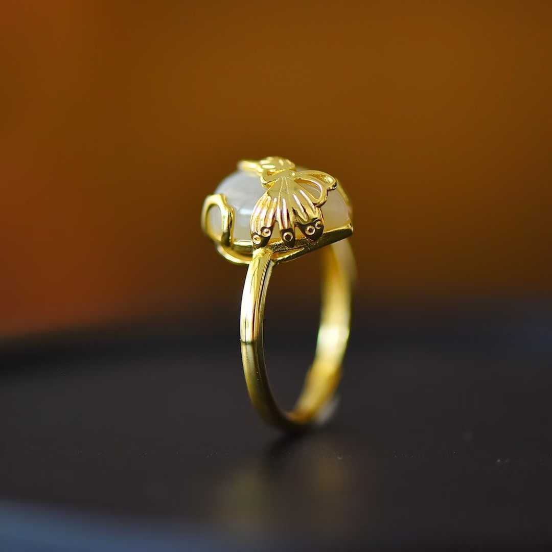 925 Silver Inlaid White Hetian Nephrite "Butterfly on Flower" Teardrop Ring