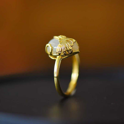 925 Silver Inlaid White Hetian Nephrite "Butterfly on Flower" Teardrop Ring