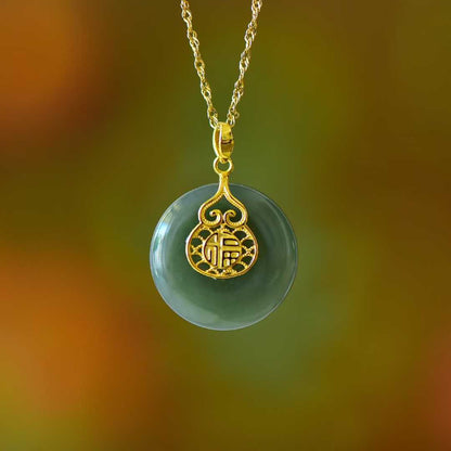 925 Silver Inlaid Hetian Nephrite "Peace Buckle & Gourd" Pendant