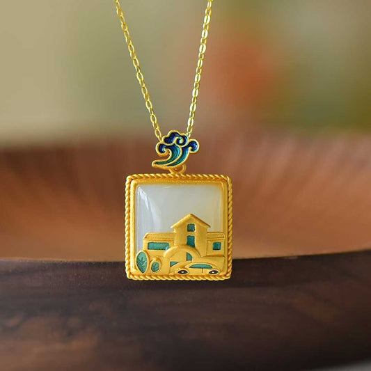 925 Silver Inlaid Nephrite "House and Car" Pendant