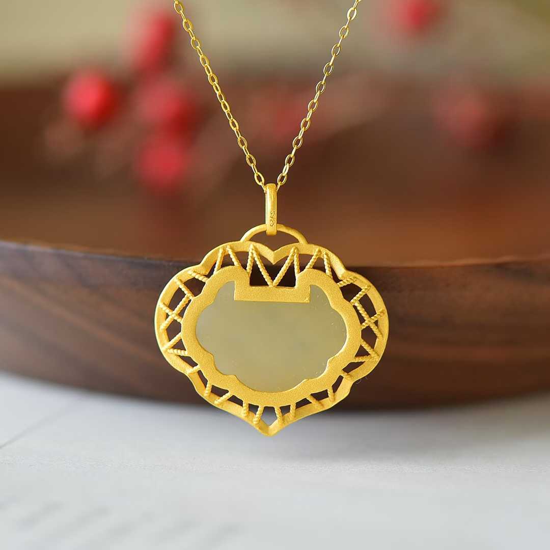 S925 Silver Inlaid Nephrite Double-Sided Lock Pendant