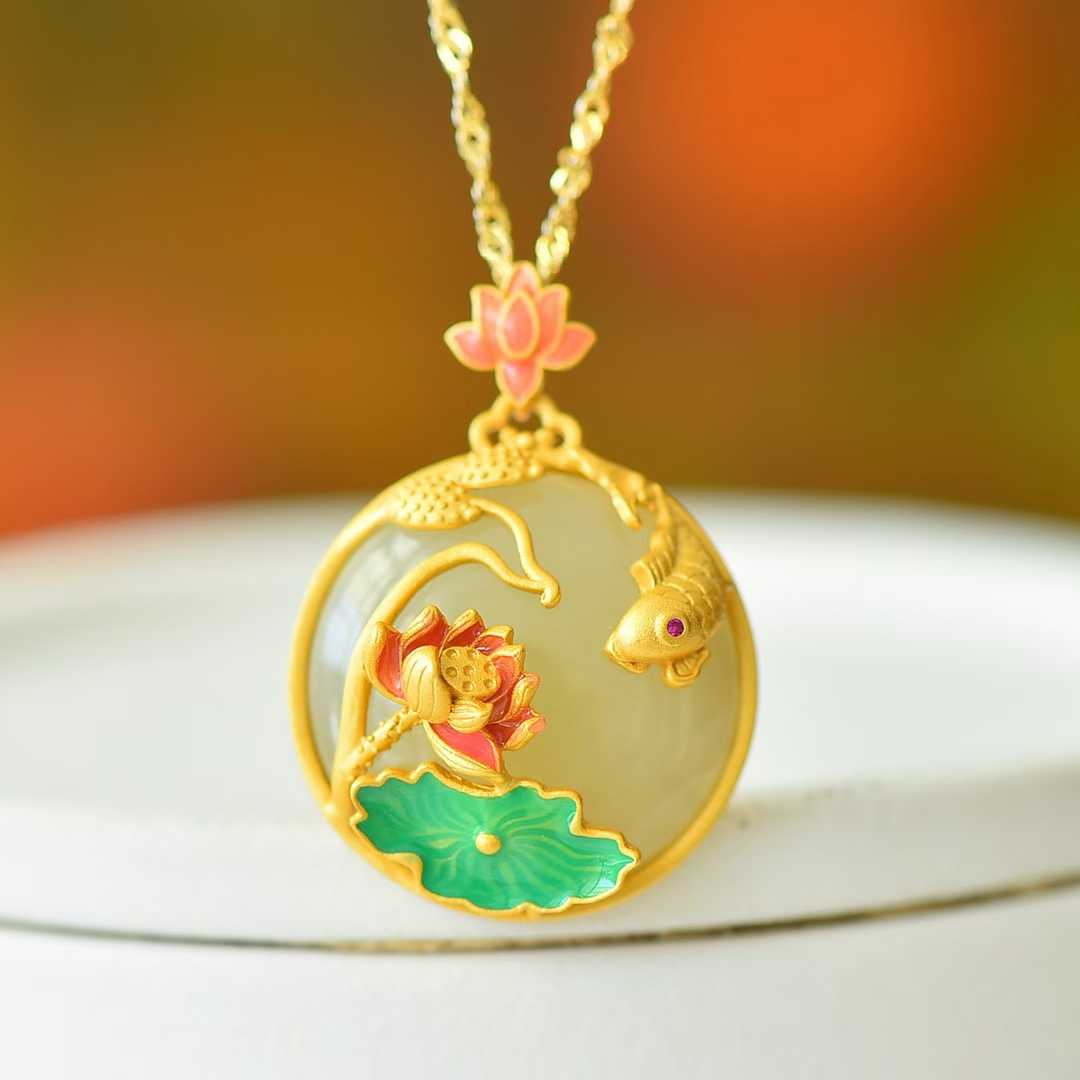 925 Silver Inlaid Hetian Nephrite Smoky Gray Cabochon "Lotus & Abundant Surplus" Pendant