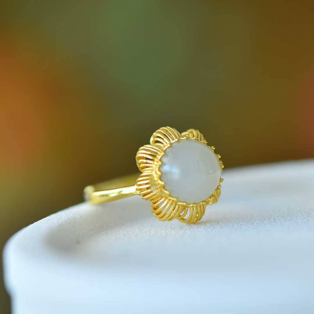 925 Silver Inlaid Hetian Nephrite "Round Drum & Plain Silver Hollow-Out" Ring