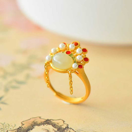 925 Silver Inlaid Hetian Nephrite "Phoenix Crown" Ring