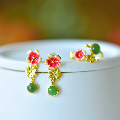 S925 sterling silver Hetian nephrite cabochon and blooming plum blossoms jewelry set