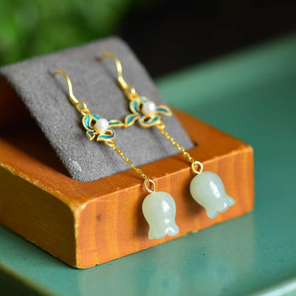 S925 Silver Inlaid Nephrite Wind Chime Flower Earrings