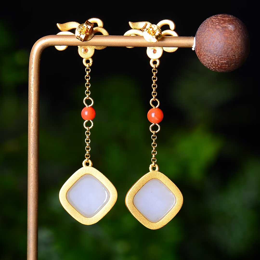 925 Silver Inlaid Natural Nephrite Drum-Face Earrings