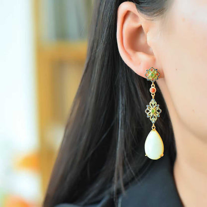 925 Silver Inlaid Nephrite "Flowers Bloom in Prosperity" Teardrop Earrings