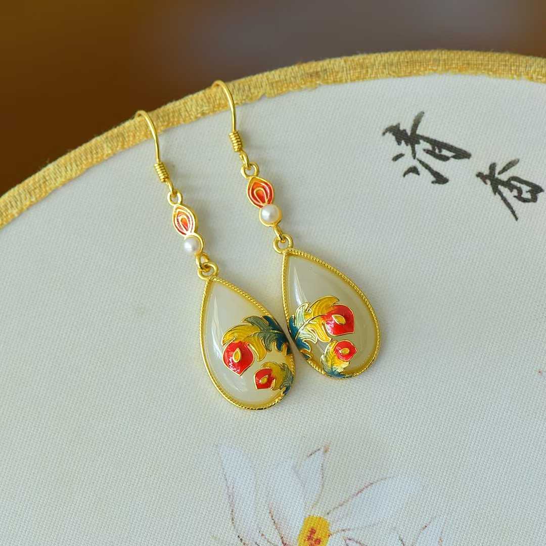 925 Silver Inlaid Nephrite "Falling Feathers" Teardrop Earrings