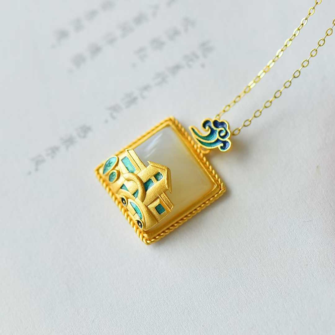 925 Silver Inlaid Nephrite "House and Car" Pendant