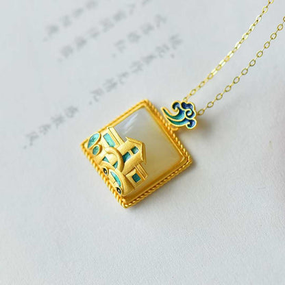 925 Silver Inlaid Nephrite "House and Car" Pendant