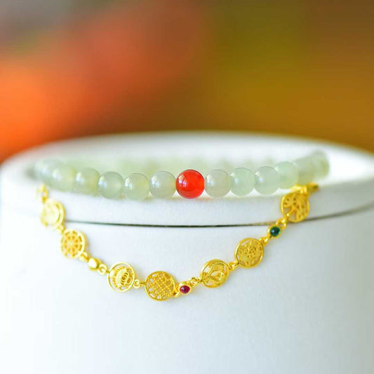 Hetian Qingshui jade beaded bracelet with eight treasures chain - WeiLin Jewelry
