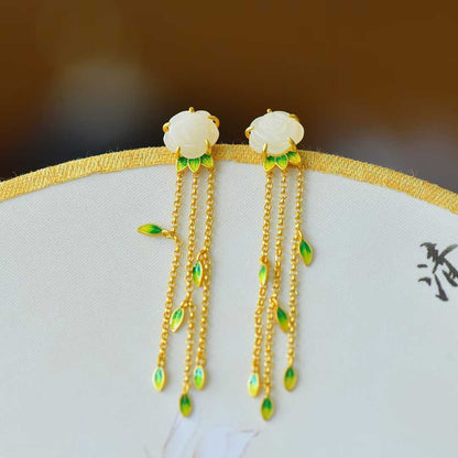 925 Silver Inlaid Enamel & Hetian Nephrite "Rose Tassel" Earrings