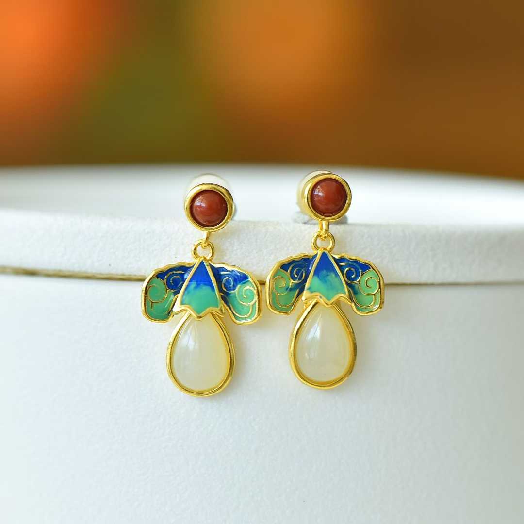 925 Silver Inlaid Nephrite "Blessings Before Eyes" Teardrop Enamel Earrings