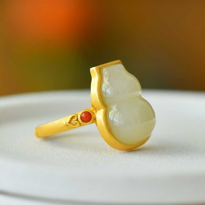 925 Silver Inlaid Hetian White Nephrite Gourd Ring