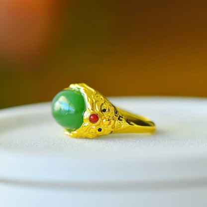 925 Silver Inlaid Enamel and Hetian Green Nephrite "Peace and Longevity" Ring