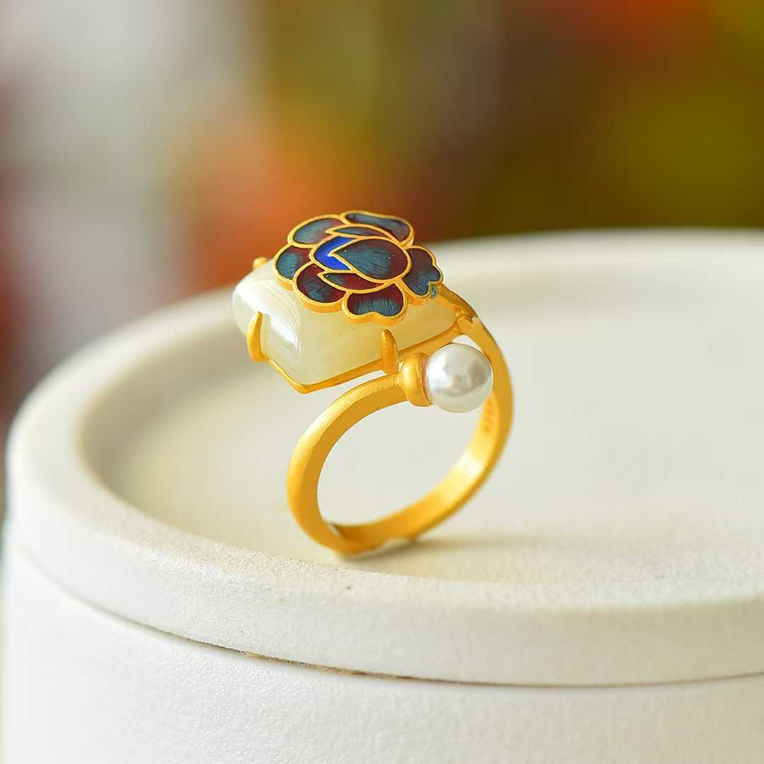 S925 Silver Inlaid Hetian Nephrite Peony Enamel Ring