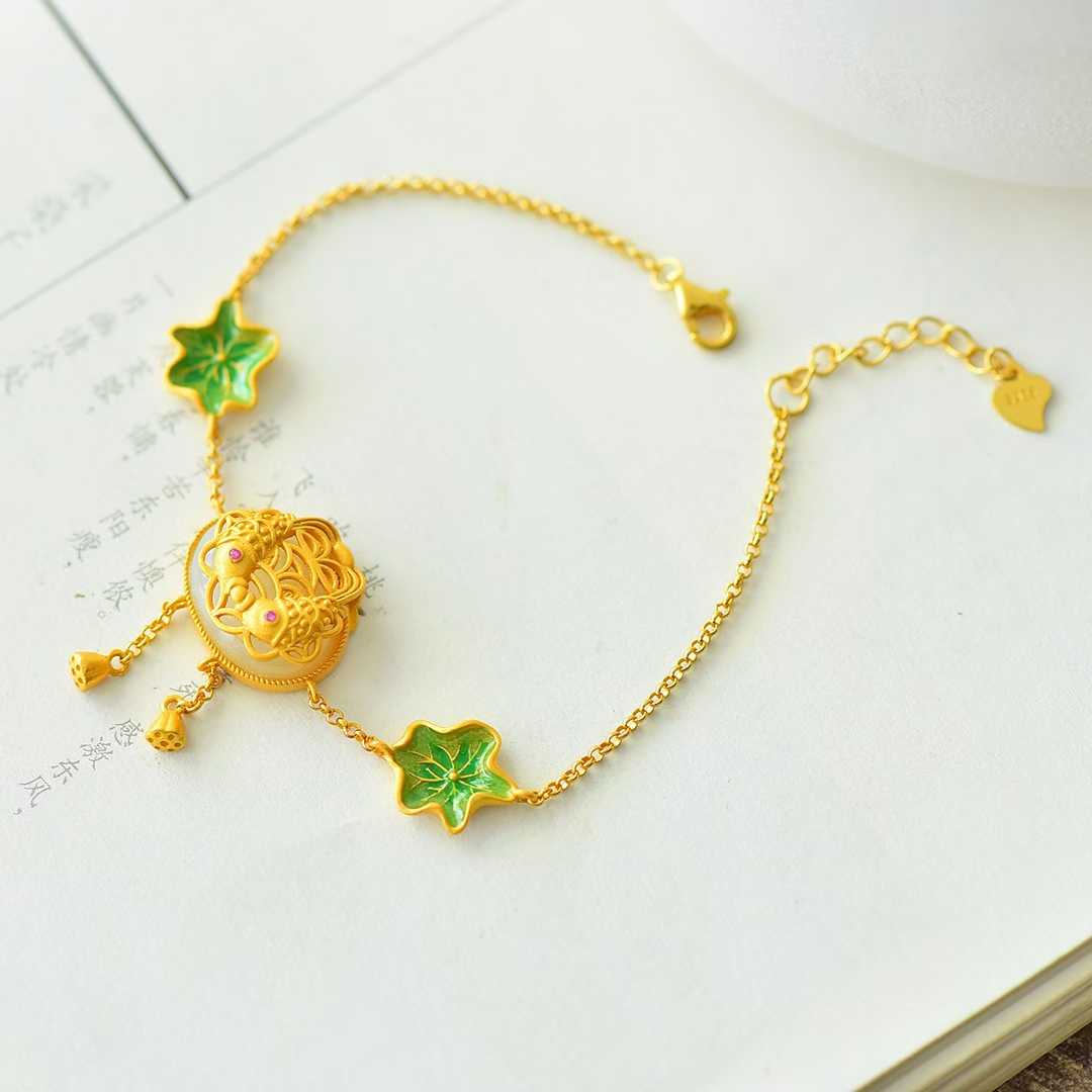 Side view of year after year abundance design Hetian nephrite bracelet
