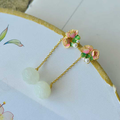 925 Silver Inlaid Hetian Nephrite "Lotus Bead & Lotus Earring" Set