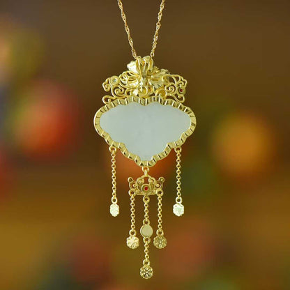 925 Silver Inlaid Hetian Nephrite "Orioles Singing & Butterflies Dancing" Tassel Pendant